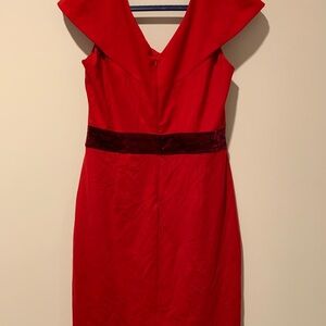 Taylor Red V-Neck Midi Dress with Velvet Waistband